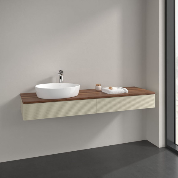 Meuble Pour Vasque à Poser Villeroy et Boch Antao à gauche avec Structure 1 trou 2 tiroirs en longueur 1600x190x500mm Silk Grey Matt Lacquer/Warm Walnut