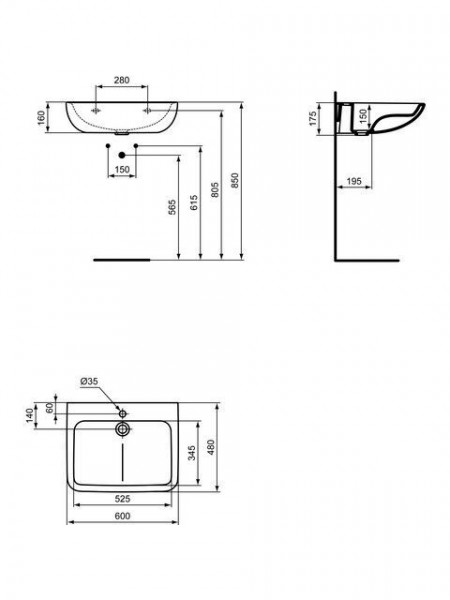 Ideal Standard Hangende Wastafel CONTOUR 21+ 1 Gat 600x480mm Wit
