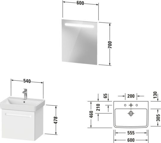 Badkamermeubel Set Duravit No.1 Onderkast, Wastafel, Spiegel 600mm Mat Wit