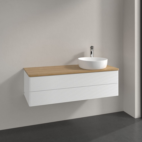 Meuble Pour Vasque à Poser Villeroy et Boch Antao à droite avec Structure, Lumière 1 trou 2 tiroirs 1200x360x500mm White Matt Laquered/Honey Oak