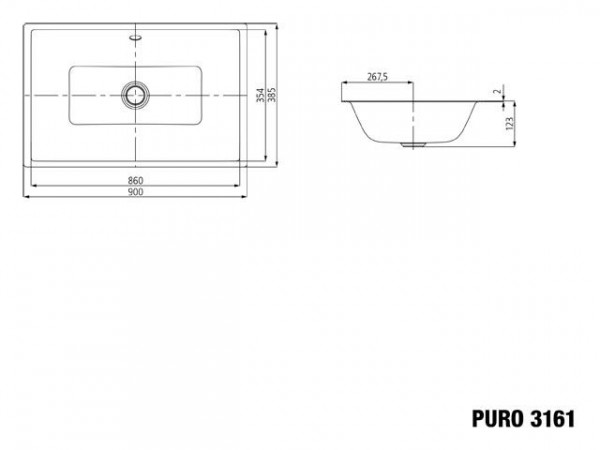 Wastafel Onderbouw Kaldewei Puro mod. 3161 met overloop zonder kraangat