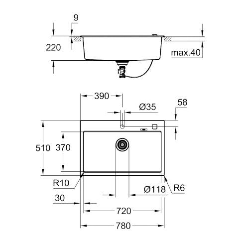 Grohe Inbouw Spoelbak K700 Met excentrische bediening 780x510x220mm