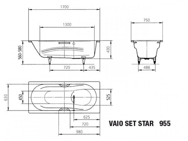 Kaldewei Standaard Bad model 954 met zijoverloop Vaio Set (233423000)