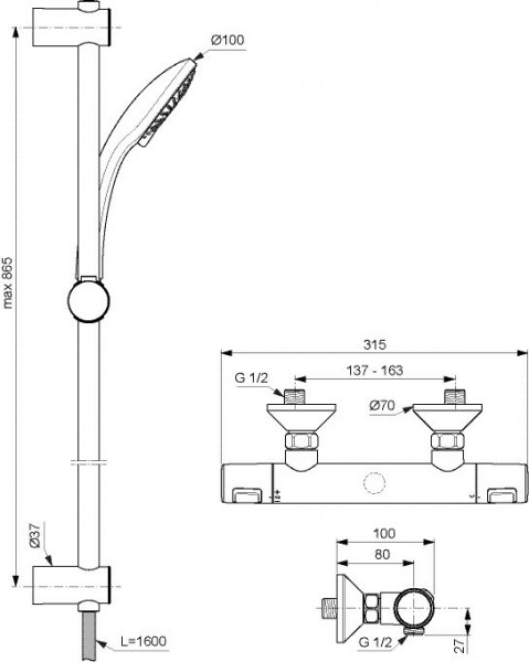 Doucheset Ideal Standard CERATHERM T25 Douchearm 900 mm Chroom