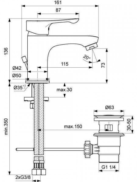 Ideal Standard Wastafelmengkraan ALPHA Kunststof afvoerkanaalafwerking 1 gat 136mm Chroom