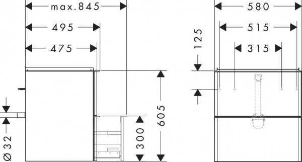 Wastafel Onderkast Hansgrohe Xelu Q 2 laden 580x475x605mm Mat Diamantgrijs/Mat Wit