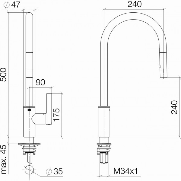 Dornbracht Tara Ultra 1 gats keukenkraan met uittrekbare hoge ronde uitloop met handdouche 360° draaibaar sprong 24cm platina mat 3387087506