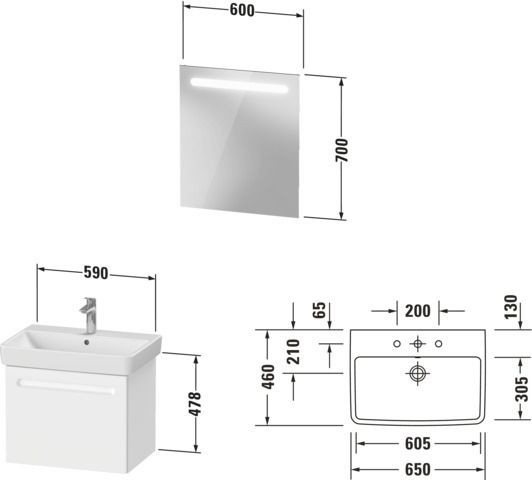 Badkamermeubel Set Duravit No.1 Onderkast, Wastafel, Spiegel 650mm, Interne lade Mat Wit