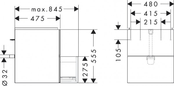 Fonteinmeubel Hansgrohe Xevolos E ingebouwde 2 laden 480x475x555mm Mat Leigrijs/Dunkel Eik