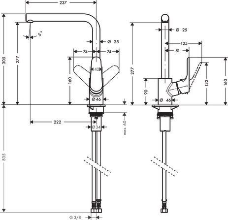 Keukenmengkraan Hansgrohe Focus M41 EcoSmart x104x305mm roestvrij stalen afwerking