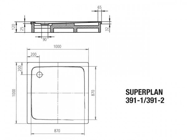 Kaldewei Superplan douchebak plaatstaal 100x100x2.5 vierkant met styropordrager en antislip wit 447035000001