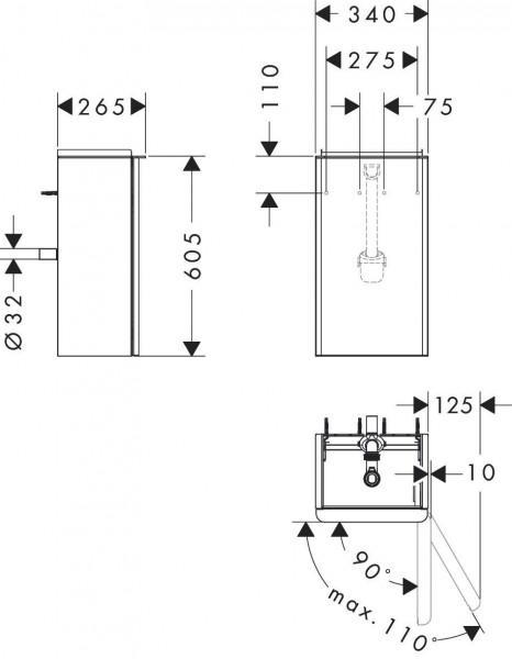 Fonteinmeubel Hansgrohe Xelu Q Verzonken draaideur met scharnier rechts 340x255x605mm Glanzend Wi...