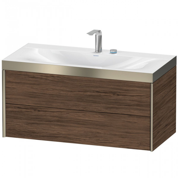 Ensemble Meuble Salle De Bain Duravit XViu Mural, Lavabo c-bonded cadre P 2 trous, Meuble 2 tiroirs 1000mm Noyer foncé mat/Champagne XV4616EB121P