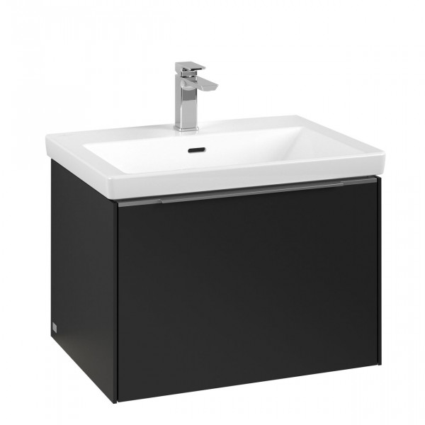 Villeroy & Boch Subway 3.0 wastafelonderkast 65x40x45cm met aluminium glanzende greep 1 softclose lade met LED verlichting 1 sifonuitsparing spaanplaat volcano black c575l0vl