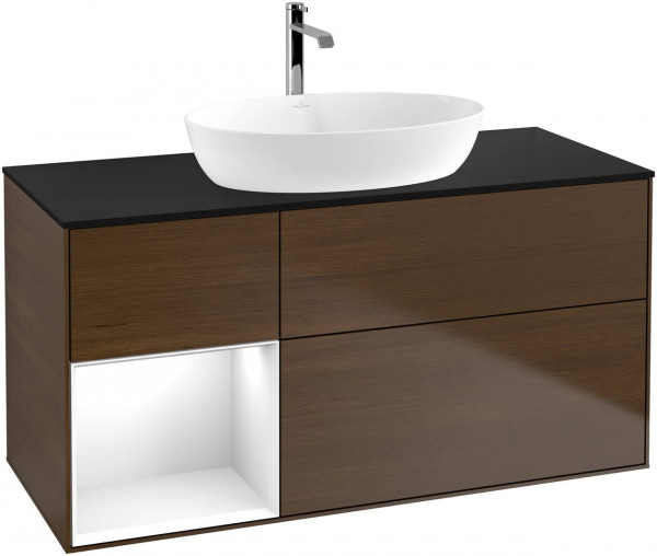 Meuble Pour Vasque à Poser Villeroy et Boch Finion Walnut Veneer/Glossy White/Glass Black F822GFGN