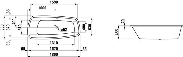 Ligbad Laufen PALOMBA Specifieke vorm, flens 20 mm 1800x800mm Wit