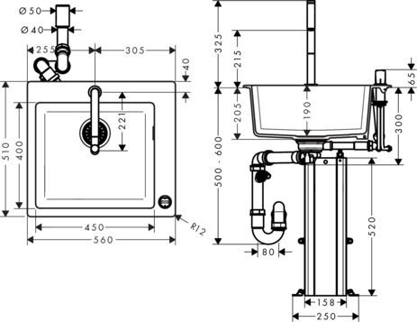 Hansgrohe Inbouw Spoelbak C51 Pack Zwart Grafiet/Chroom 560 mm 43217000