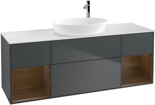 Meuble Pour Vasque à Poser Villeroy et Boch Finion Midnight Blue/Walnut Veneer/Glass White F981GNHG