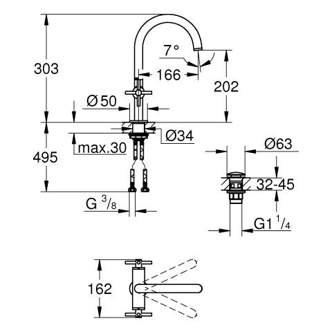 Vrijstaande Fonteinkraan Grohe Atrio L-maat kruisgreep Warm Sunset