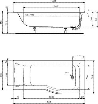 Ideal Standard Connect Air inbouwbad met douchezone rechts 1700x800 mm acryl wit zonder potenset E113501