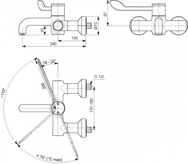 Ideal Standard Ceraplus 2 wandkraan thermostatisch m. vaste uitloop m. hendel 20cm met afsluitbare koppelingen chroom A6691AA
