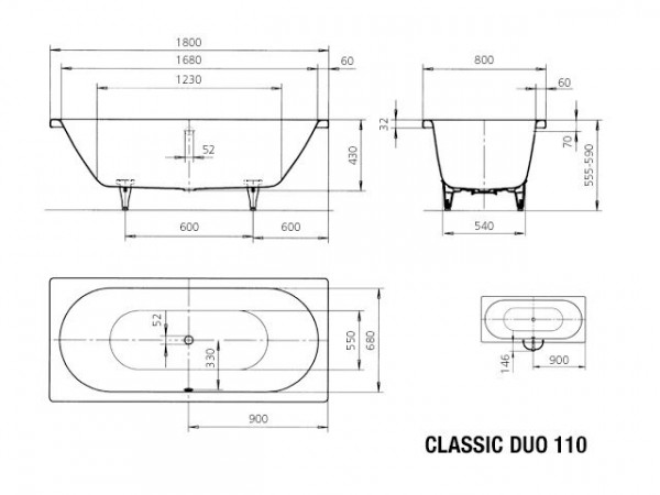 Kaldewei Classic Duo plaatstaal bad dikwandig rechthoekig 180x80x43cm pergamon 291000010231