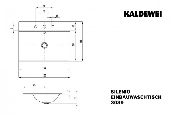 Kaldewei Onderbouw Wastafels mod. 3039 zonder overloop, 1 kraangat Silenio (907906303)