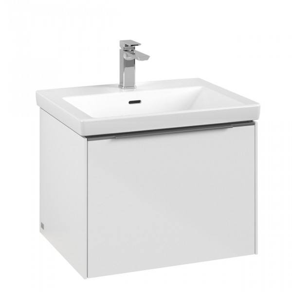 Villeroy & Boch Subway 3.0 wastafelonderkast 60x40x45cm met aluminium glanzende greep 1 softclose lade met LED verlichting 1 sifonuitsparing spaanplaat Brilliant White C577L0VE