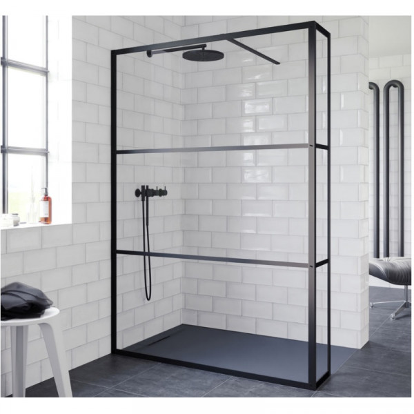 Riho Grid inloopdouche 90x200cm met 30cm zijwand zwart profiel en helder glas GB4090030