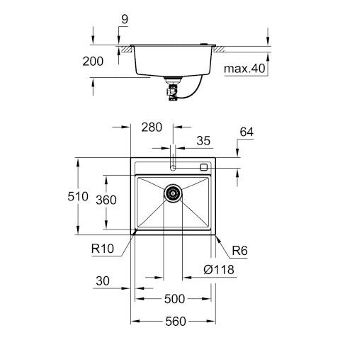 Grohe Inbouw Spoelbak K700 Met excentrische bediening 560x510x200mm