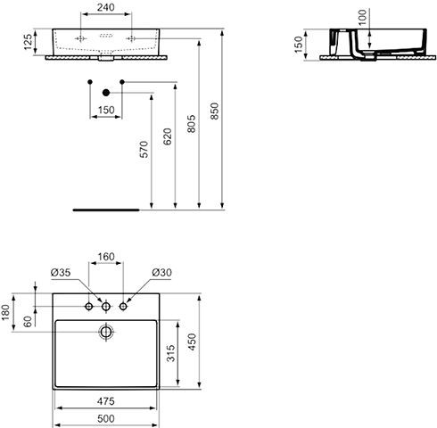 Ideal Standard Hangende Wastafel EXTRA 3 Gaten met overloop IdealPlus 500x150x450mm Wit Ideal +