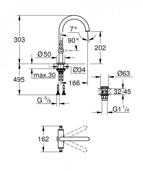 Grohe Atrio 1-gats wastafelkraan L-size met push open m. hoge draaibare uitloop warm sunset 21022DA3