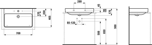 Opbouw Wastafel Laufen PRO S 3 gaten, overloop 465x175x700mm Wit