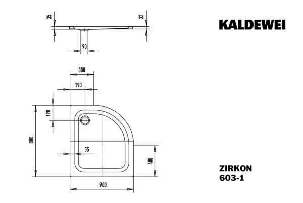 Kaldewei Zirkon douchebak plaatstaal kwartrond 90x80x3.5cm wit 456800010001