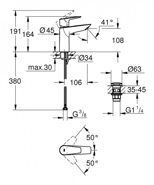 1 Gats Mengkraan Grohe BauEdge met Push-Open afvoer Chroom