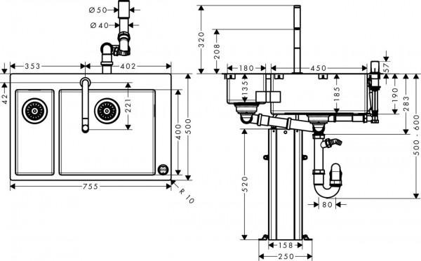 Hansgrohe Select-F655-09 Wastafelcombinatie 180/450mm (43206)