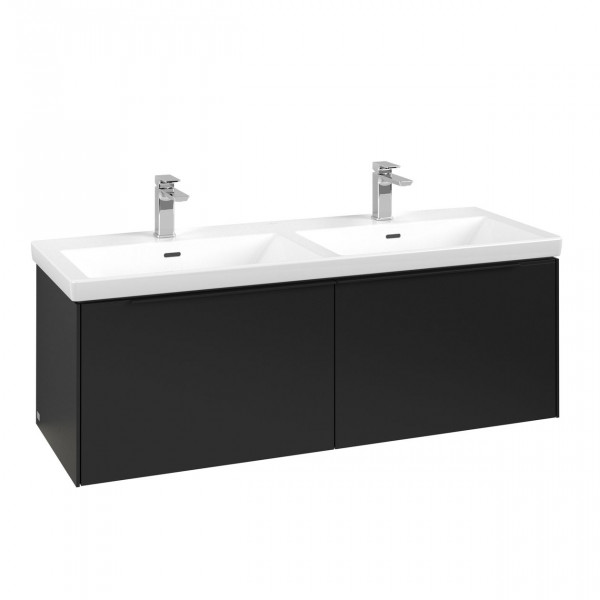 Villeroy & Boch Subway 3.0 wastafelonderkast 130x40x45cm met Volcano Black greep 2 softclose lades met LED verlichting 2 sifonuitsparingen links en rechts spaanplaat volcano black