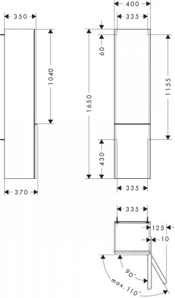 Hoge Badkamerkast Hansgrohe Xelu Q Rechter scharnier 400x370x1650mm Mat Diamantgrijs/Zwart Mat