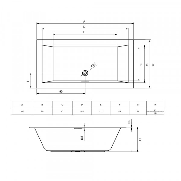 Baignoire Balnéo Rectangulaire Riho Rethink Version Droite, Flow 1600x700mm Blanc Brillant