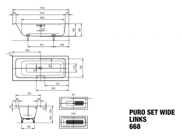 Kaldewei Standaard Bad links model 668 Puro Set Wide (261100010)