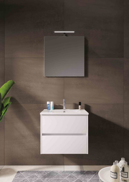 Ensemble Meuble Salle de Bain Riho Porto Wave Lavabo, Meuble sous lavabo et Miroir LED 2 tiroirs 600mm Blanc Brillant