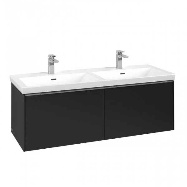 Villeroy & Boch Subway 3.0 wastafelonderkast 130x40x45cm met aluminium glanzende greep 2 softclose lades 2 sifonuitsparingen links en rechts spaanplaat volcano black c56700vl