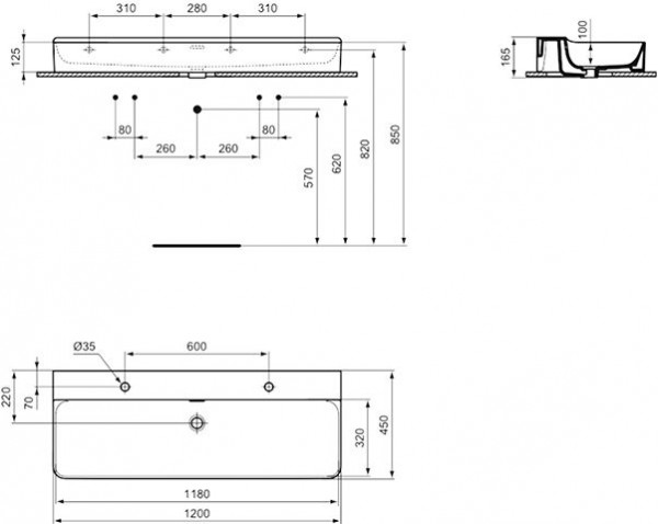 Ideal Standard Dubbele Wastafel CONCA 2 Gaten met overloop IdealPlus 1200x165x450mm Wit Ideal +