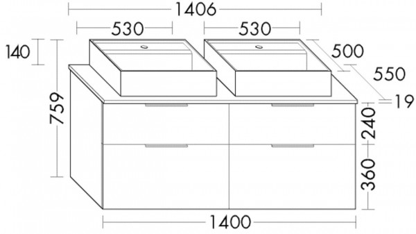 Set Meuble Salle De Bain Burgbad Eqio Double Lavabo à Poser, Meuble 4 tiroirs 1406x759mm Personnalisable SGUR140-PN258