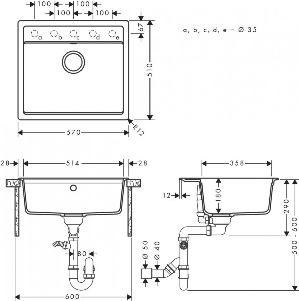 Inbouw Spoelbak Hansgrohe S52 510 Automatische afvoer Grafiet Zwart