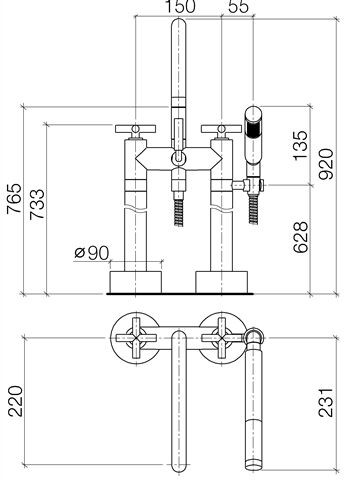 Dornbracht Vrijstaande Badkraan Tara 2 Gaten met doucheroosterafwerking 220mm