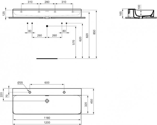 Ideal Standard Dubbele Wastafel CONCA 2 Gaten met overloop 1200x165x450mm Wit