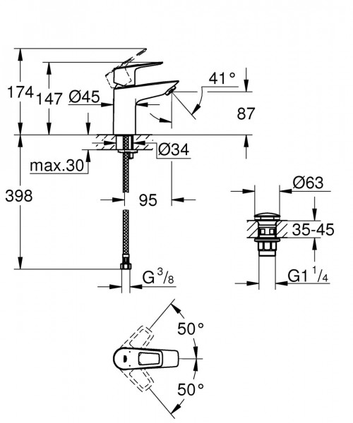 Handwas Kranen Grohe BauLoop LowFlow met Push-Open afvoer Chroom