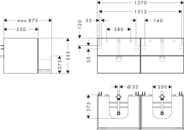 Wastafelmeubel Voor Opzet Waskom Hansgrohe Xevolos E 4 laden 1370x550x555mm Mat Leigrijs/Brons