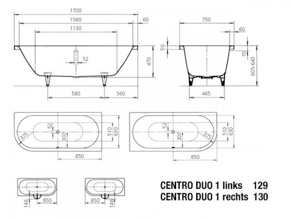 Kaldewei Afgerond Standaard Bad model 129, 1 linkerhoek Centro Duo (282900010)